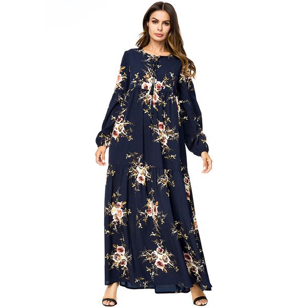 

187281 baju kaftans autumn artificial cotton print dress in the long section of cotton silk small floral large size beach skirt pakaian wani, Red