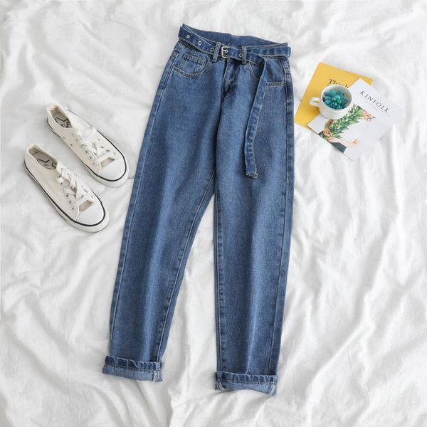 

fashion straight jeans women low waist denim trousers large pocket black denim pants vintage with belt casual plus size jeans, Blue