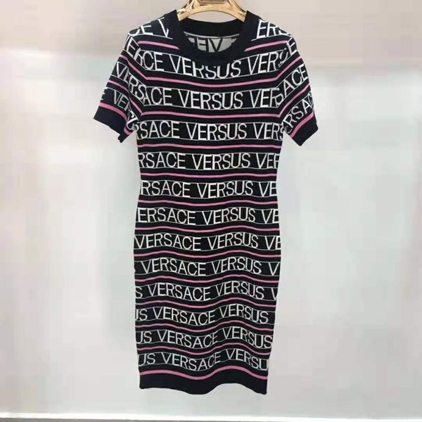 

2019 spring summer crew neck regular short sleeve brand same style sweater fashion striped black kint pullover dress qian, Black;gray