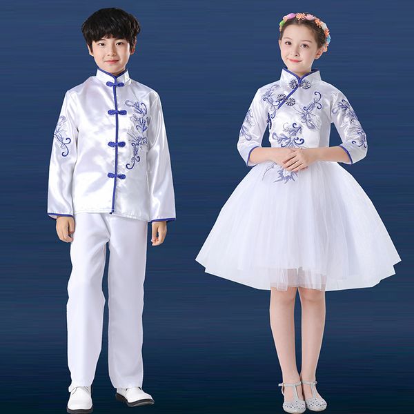

chinese style summer children's blue white porcelain costume students chorus costumes boy girl choir recital suit performance, Black;red