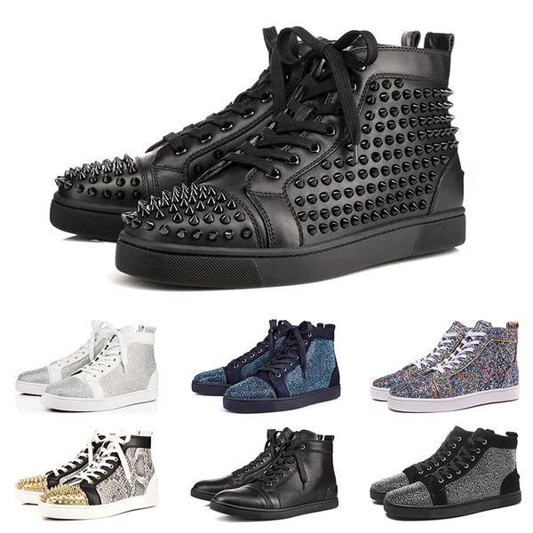 

designer fashion luxury red bottom studded spikes flats shoes for men women glitter purple party lovers casual sneakers size 36-47, Black