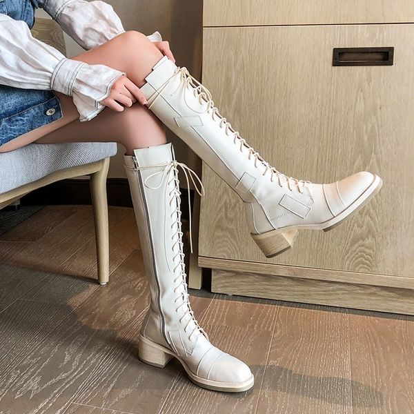 

women winter genuine leather knight boots block med heels lace up knee high boots motorcycle riding boots casual safety shoes, Black