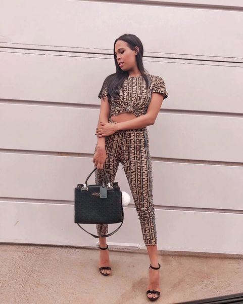 

Womens Summer Luxury FF Print 2pcs Sets Fashion Short Sleeve Long Pants Casual Night Club Style Tracksuits