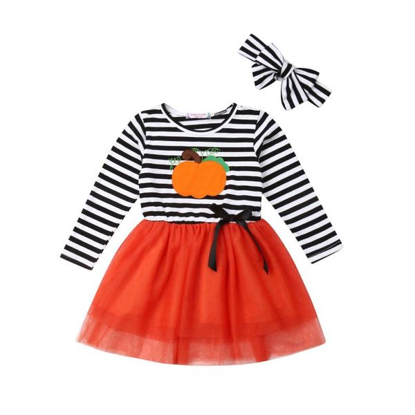 

2018 new halloween party 1-6y pretty toddler baby girls dress cartoon print striped lace knee-length tutu dress+headband, Red;yellow
