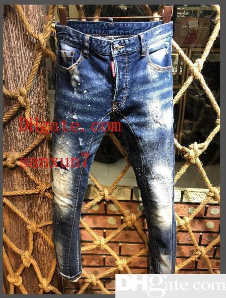 

19ss fashion italy brand rock biker jeans men ripped denim tearing d2 trousers skinny mens jeans for men pants ruched boy jeans, Blue