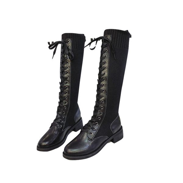 

genuine leather boots for women lace up bootie patchwork breath strench high booties ladies fashion mid-calf boots england shoes zy566, Black