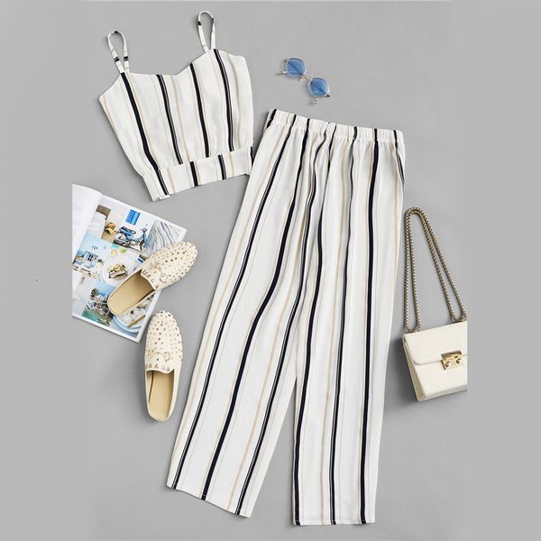 

knot striped cami with pants summer spaghetti strap sleeveless wide leg 2019 women casual female piece, White