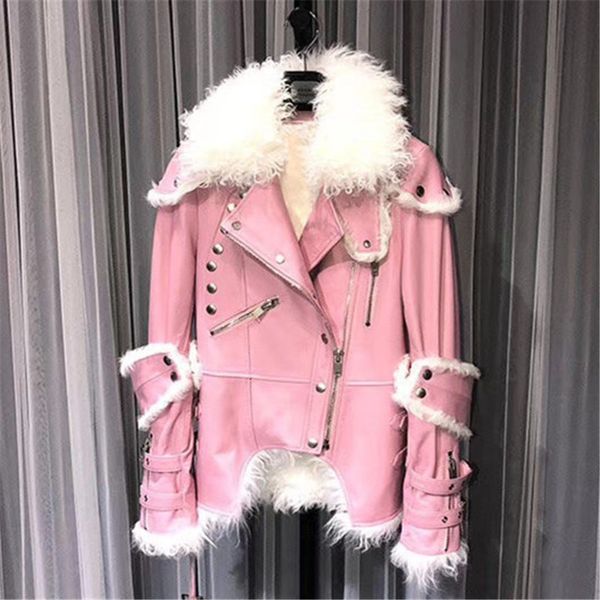 

genuine sheepskin leather jacket women mongolia sheep fur collar real rex fur liner motorcycle coat pink black