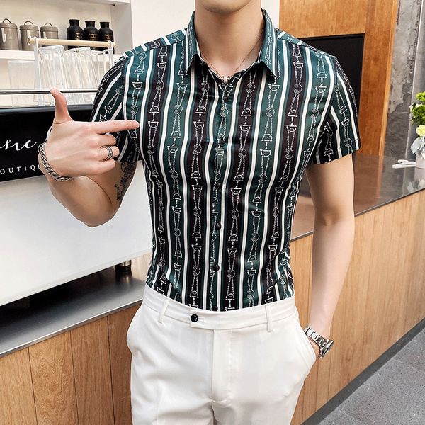 

big size men shirt 2020 summer casual slim fit striped dress shirts streetwear social business blouse male clothes chemise homme, White;black