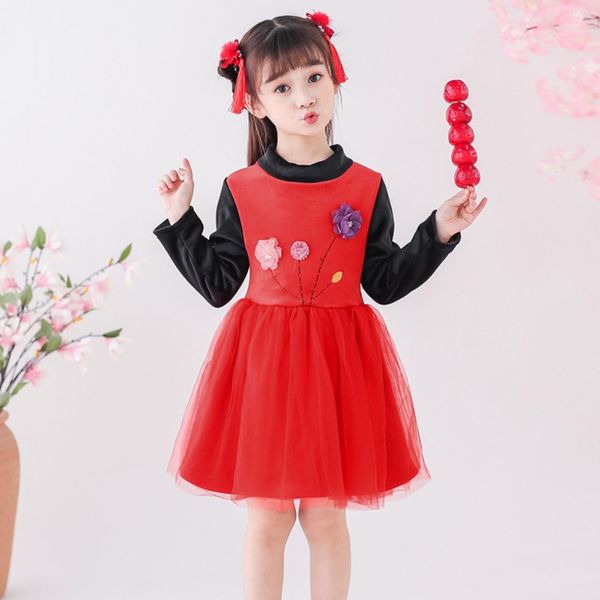 

autumn kids dresses baby girls mesh stitching flower embroidery princess long-sleeved sweet dress prom dress 4colors, Red;yellow