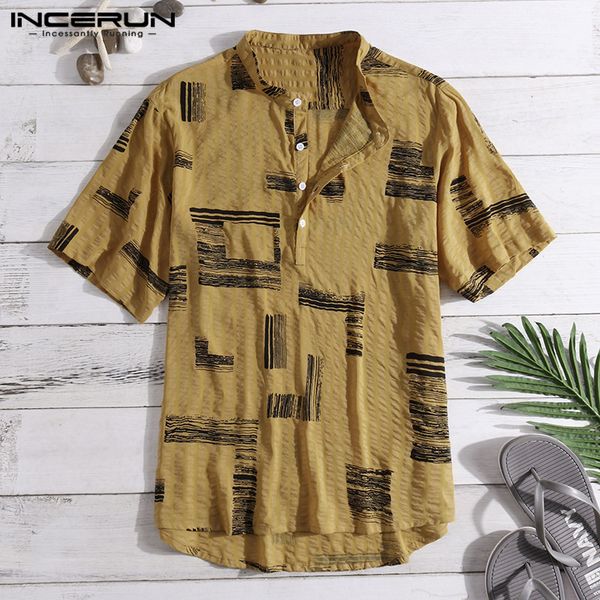 

incerun short sleeve print shirt men stand collar button casual loose vacation social hawaiian shirts camisa masculina 2019, White;black