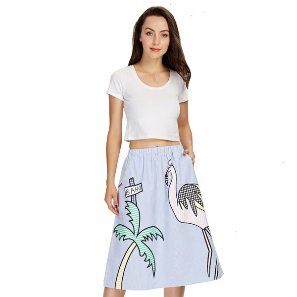 

designer women skirts sweet coconut tree print striped skirts elastic waist pockets ladies fashion streetwear mid calf skirt bsq552, Black