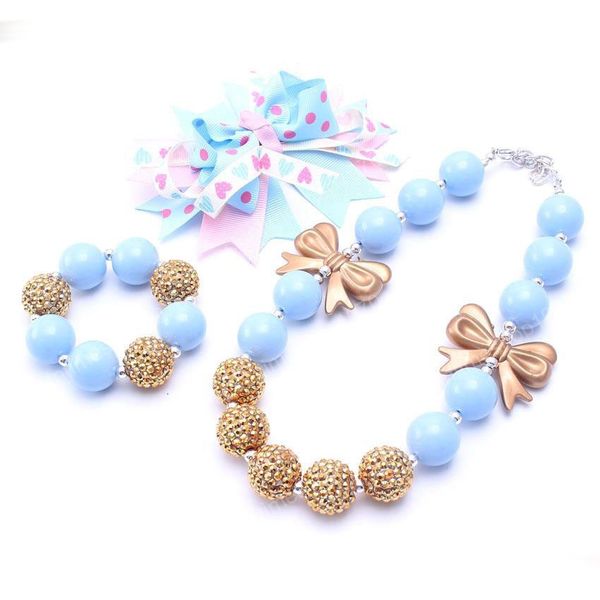 Set festa de aniversário do Lt Azul Bow NecklaceBracelet Headband 3PCS presente Toddlers Meninas Bubblegum Colar Chunky Criança Jóias