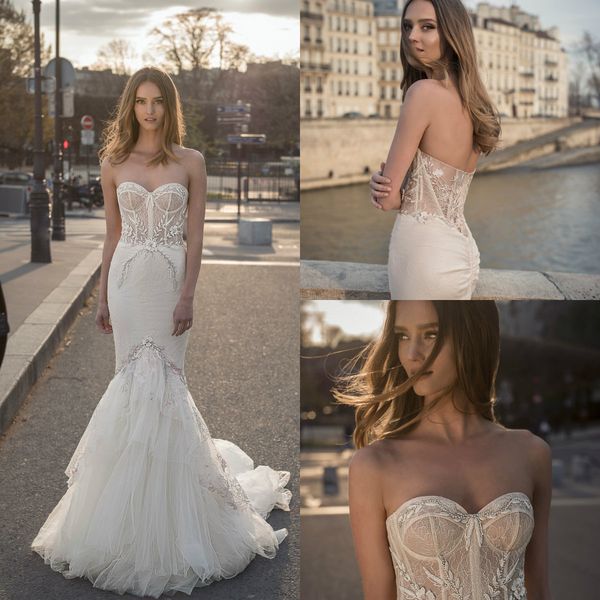 

2019 mermaid wedding dresses berta sweetheart lace appliqued bead sweep train boho wedding dress bridal gowns plus size abiti da sposa, White