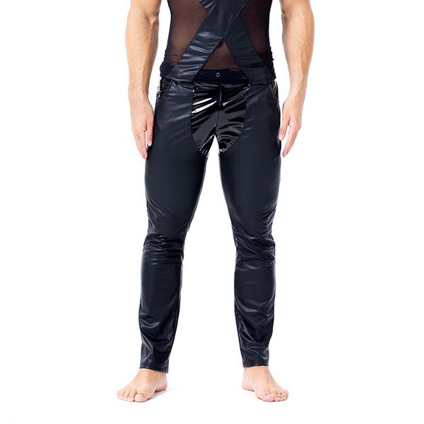 

mens shiny faux leather nightclub pants stage performance clubwear slim trouser, Black