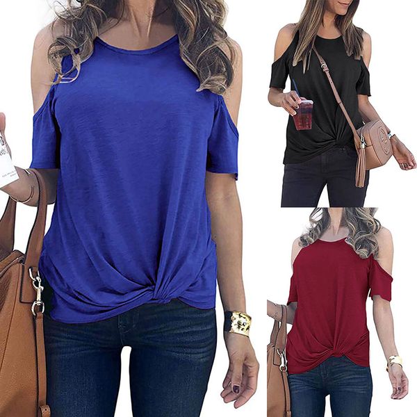 

women summer cold shoulder tunic summer short sleeve casual fashion knot twist front blouse t-shirt, White