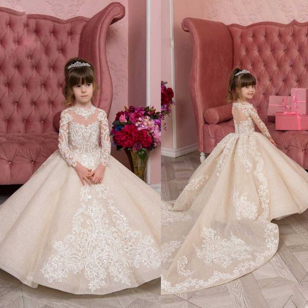 

2020 modest flower girl dress long sleeve jewel neck applique button sequins wedding party floor length tulle lace princess girl dress, White;blue