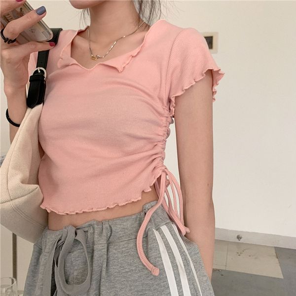 

summer simple all-match slim v-neck side drawstring wood ear side slim elastic round collar short-sleeved t-shirt female, White