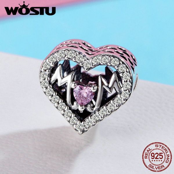 

wostu высокое качество 925 стерлингового серебра мама любовь сердце, розовый cz бисер fit оригинальный браслет ювелирных изделий diy mother, Blue;slivery