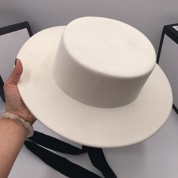 

flat wide eaves white woollen cloth fashionable temperament goddess style with long ribbon euramerican style show hat hat, Blue;gray