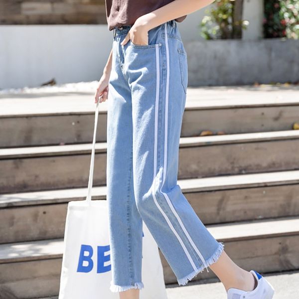 

wide leg straight jeans female dark blue high waist solid color fashion popular wild raw edge elements elastic waist humanized