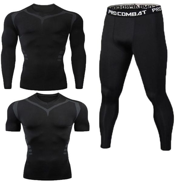 

men's suit jogging suit gym tights training running shirt men's t-shirt leggings sports fitness 3 piece set 24 hours delivery, Gray
