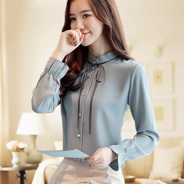 

new style chiffon mock collar shirt spring fall fashion women's office career business chiffon blouses lady slim long sleeve shirts, White
