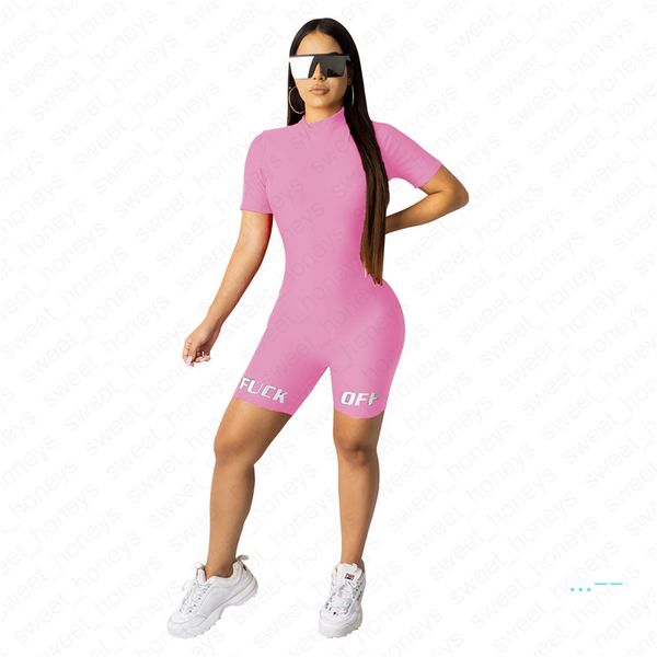 

women skinny jumpsuits fashion summer solid color one-piece clothing casual letter print short sleeve siamese shorts sportswear s-xl d42102, White