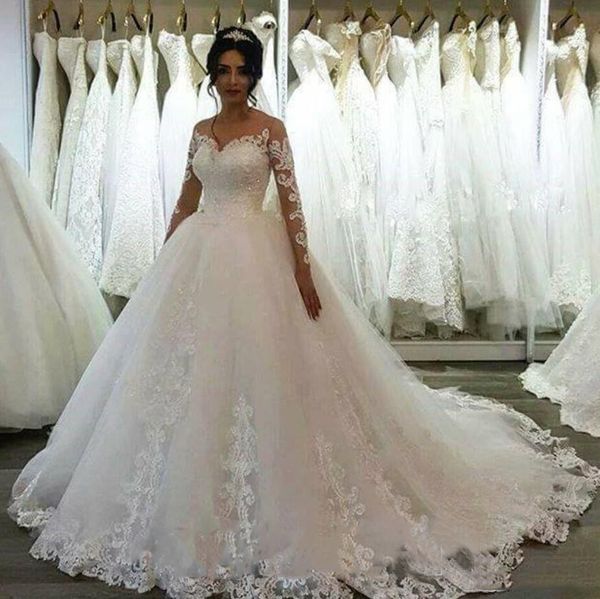 

african long sleeves lace ball gown wedding dresses 2020 with beaded appliques sweep train tulle lace up back wedding bridal gowns, White