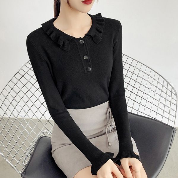 

women autumn winter casual sweaters doll collar sweet knit solid color slim pullover long-sleeved lapel bottom jumpers, White;black