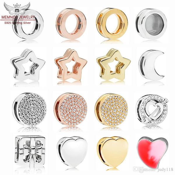 

100% 925 sterling silver enamel charms shine reflexions star clip rose space ship clip moon bow gift heart sparkling infinity clip charm diy, Bronze;silver