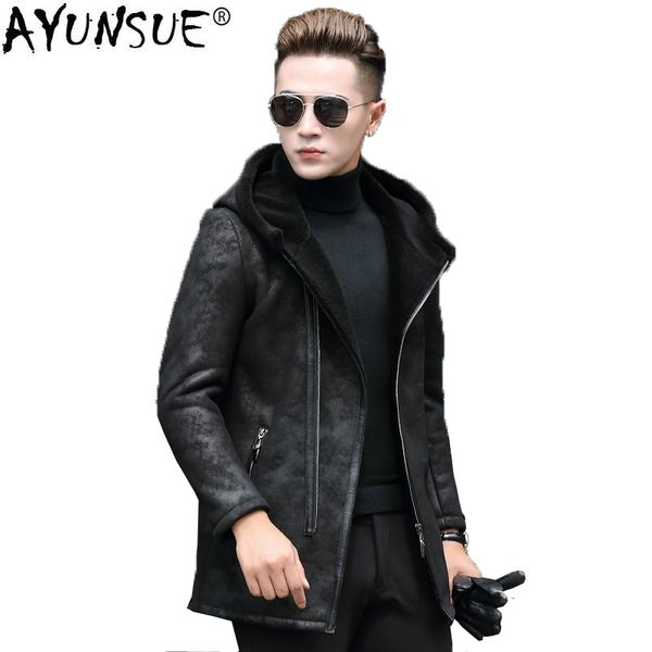 

ayunsue genuine leather jacket men winter long coat sheepskin leather jackets natural wool fur coats cuero genuino 8708 kj819, Black