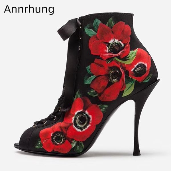 

stiletto high heels flower printed boots women peep toe cross tied stage summer botas black satin bowknot short botas mujer
