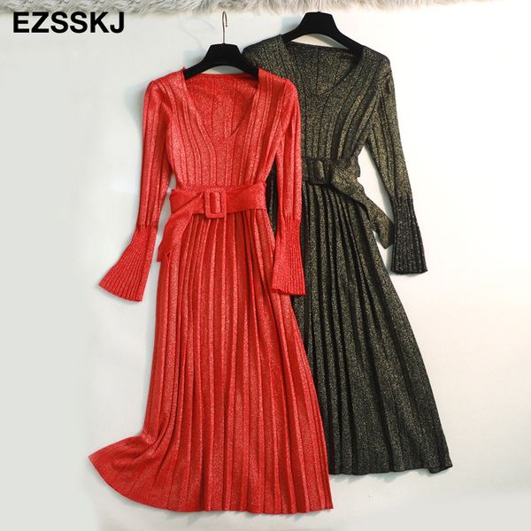 

spring autumn elegant shiny maix pleated sweater dress women flare sleeve v-neck female sash glitter luxury long knit dresses, Black;gray