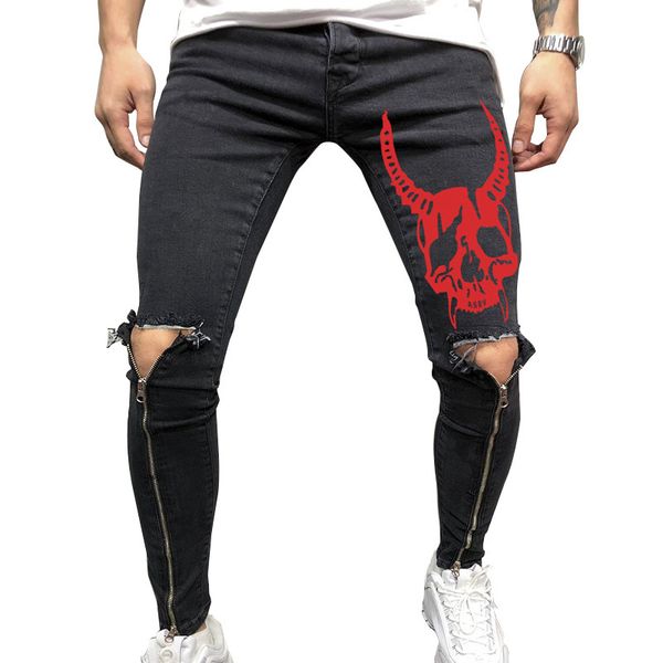 

men's jeans autumn winter mens fashion leg zipper holes biker skateboard sports pencil pants size black s-3xl, Blue