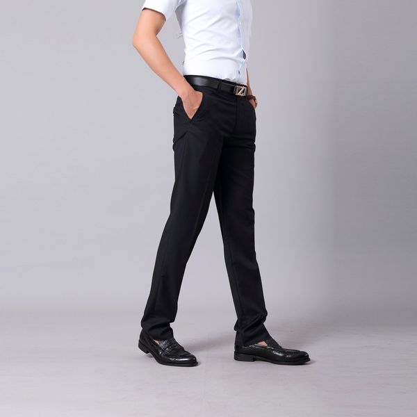 

men pants straight solid slim zippered business leisure pants long trousers classic business casual trousers full length mid, Black