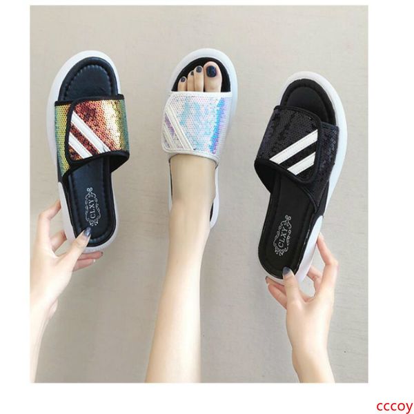 

sandals and slippers female summer wear 2019 new wild pink sequins slippers female students casual beach shoes