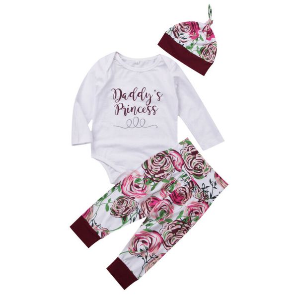 

newborn baby girls clothes long sleeve cotton bodysuit +floral pants+hat 3pcs sets toddler summer casual outfits 0-24m, White