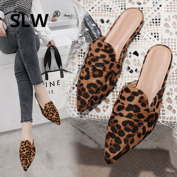 

leopard flock flat heel mules women fashion pointed toe slides new spring casual slippers woman plus size dress slides, Black
