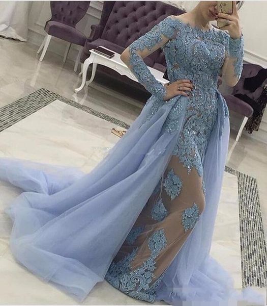 Nuovi abiti con gonna oversize a maniche lunghe Abiti da sera Collo trasparente Appliques Perline Sirena Modesto arabo Azzurro cielo Abiti da ballo personalizzati