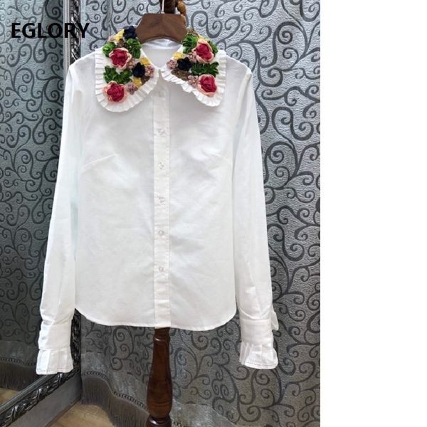 

100% cotton shirt blouse 2019 spring summer blouse women appliques embroidery turn-down collar long sleeve white shirt boho