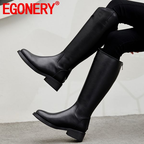 

egonery knee-high boots cow leather retro high-height increasing boots autumn winter casual women shoes, Black