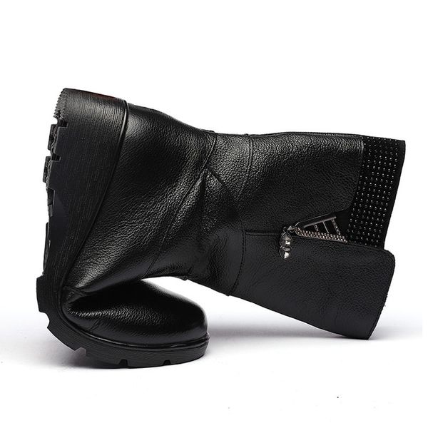 

drkanol 2019 fashion genuine leather mid calf wedge winter plush keep warm women snow boots female waterproof cotton shoes mx200508, Black