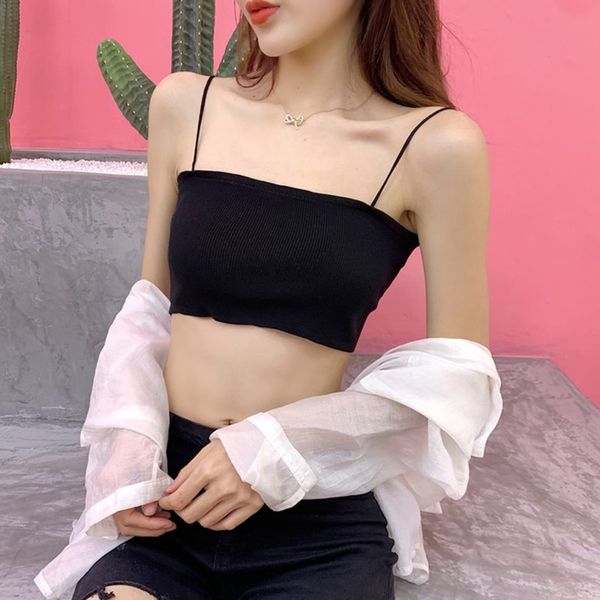 

women's fashion sleeveless wrapped short tank solid knitted hollow camisoles, White