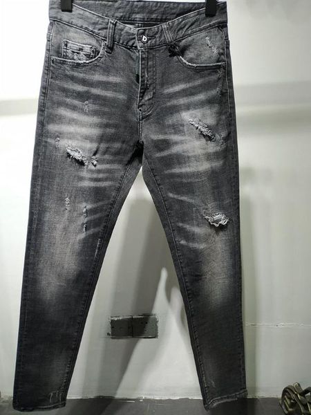 

бренд европейского стиля мужчины италия тонкие черные джинсы брюки мужские прямые джинсы джинсовые брюки синие отверстия брюки для 8157, Blue