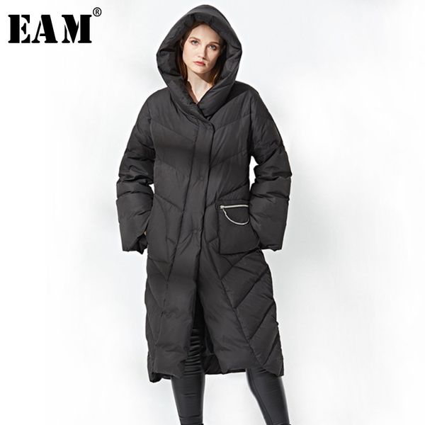 

eam] loose fit pocket big size down jacket new hooded long sleeve warm women parkas fashion tide autumn winter 2019 1a387, Black