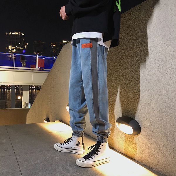 

2019 autumn and winter new youth popular beam pants fashion casual stitching wild jeans male black / sky blue s-2xl