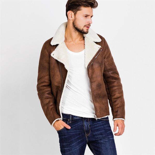 

klv mens jacket autumn winter highneck warm coat fur liner lapel jacket leather zipper outwear coat, Black;brown