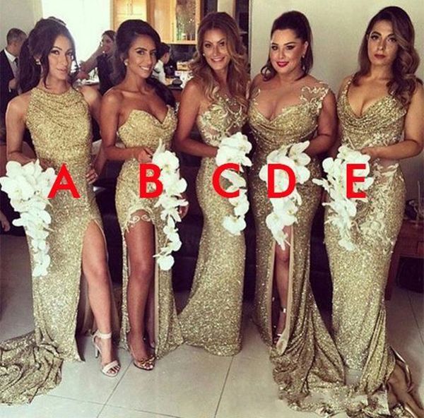 

gold sequined sparkly bridesmaids dresses 2020 jewel split appliques long 5 styles mermaid wedding guest party gowns plus size customized, White;pink