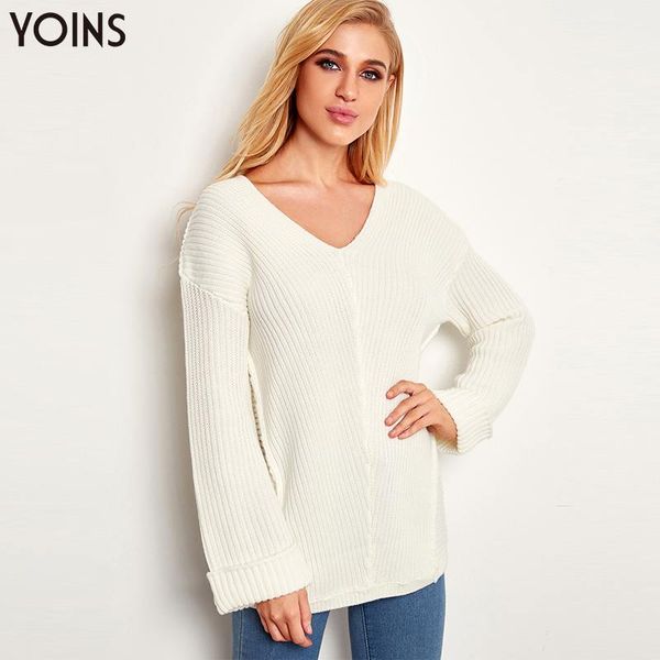 

yoins 2019 spring autumn winter sweater knitting casual v-neck roll-up sleeves sweaters female pullover loose truien dames, White;black